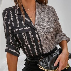 NWOT Shein Chainlink and Animal Print Button Down Top in Black Brown Size 4